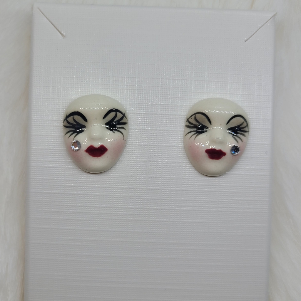 Vintage Fancy Faces Hand Painted Porcelian Mardi Gras Mask Stud Earrings